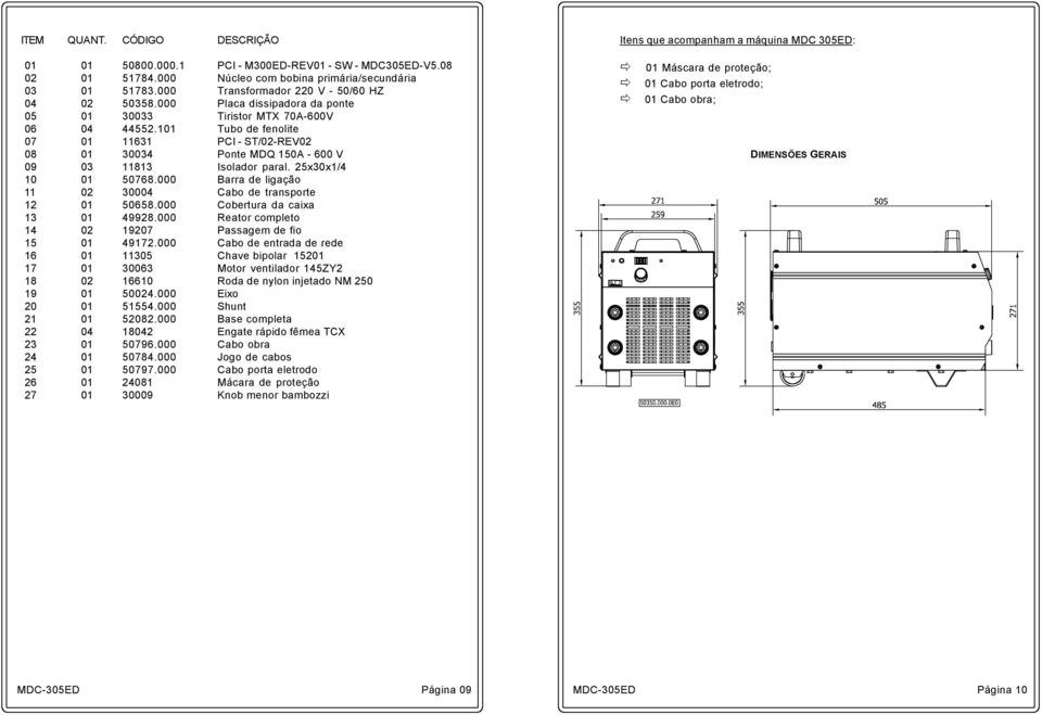 101 Tubo de fenolite 07 01 11631 PCI - ST/02-REV02 08 01 30034 Ponte MDQ 150A - 600 V 09 03 11813 Isolador paral. 25x30x1/4 10 01 50768.000 Barra de ligação 11 02 30004 Cabo de transporte 12 01 50658.
