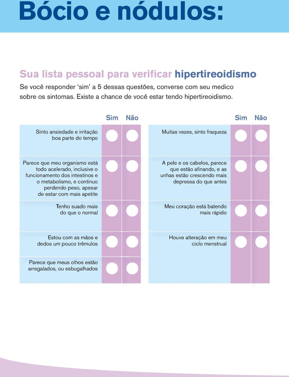 Sim Não Sim Não Sinto ansiedade e irritação boa parte do tempo Muitas vezes, sinto fraqueza Parece que meu organismo está todo acelerado, inclusive o funcionamento dos intestinos e o