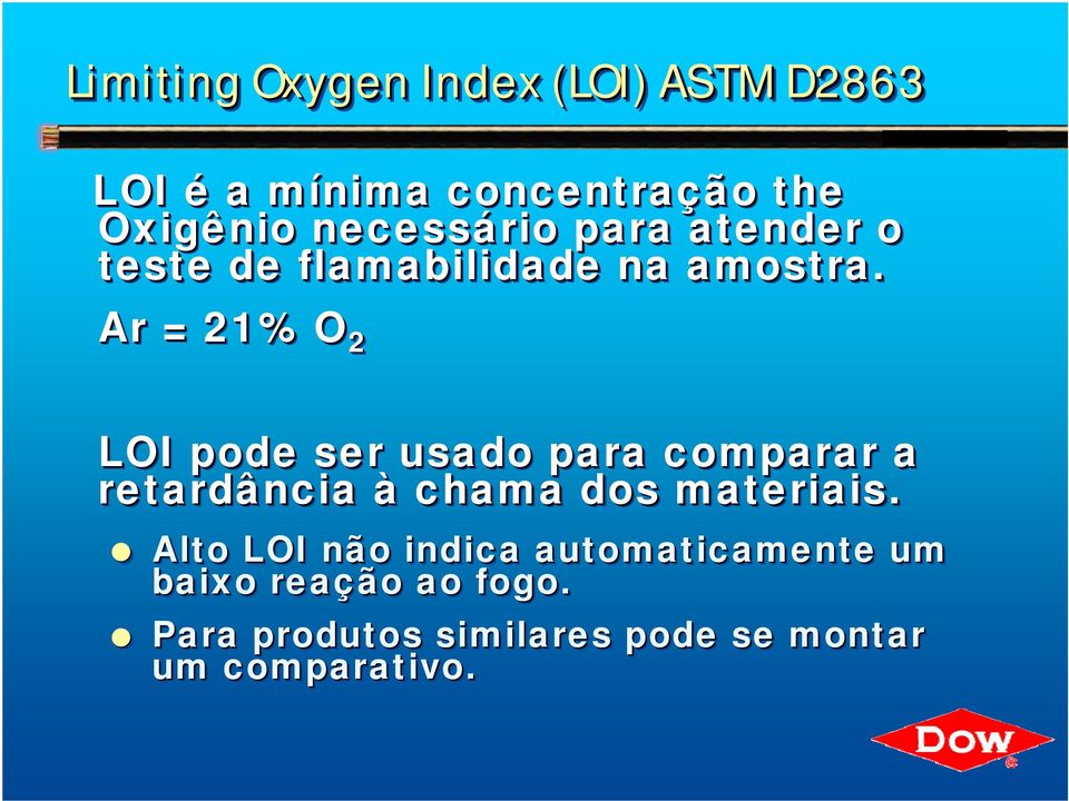 Ar = 21% O 2 LOI pode ser usado para comparar a retardância à chama dos materiais.