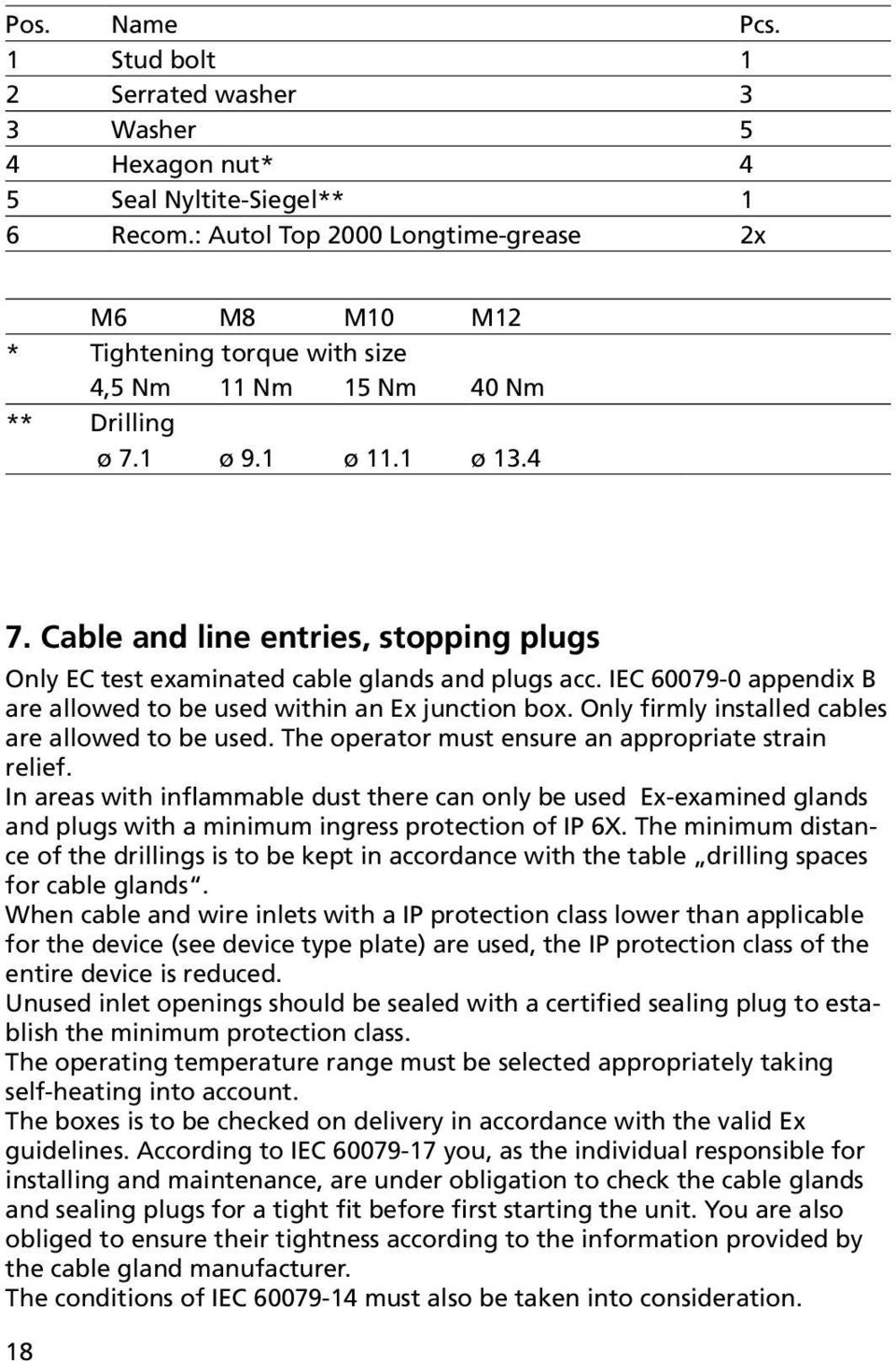 Cable and line entries, stopping plugs Only EC test examinated cable glands and plugs acc. IEC 60079-0 appendix B are allowed to be used within an Ex junction box.