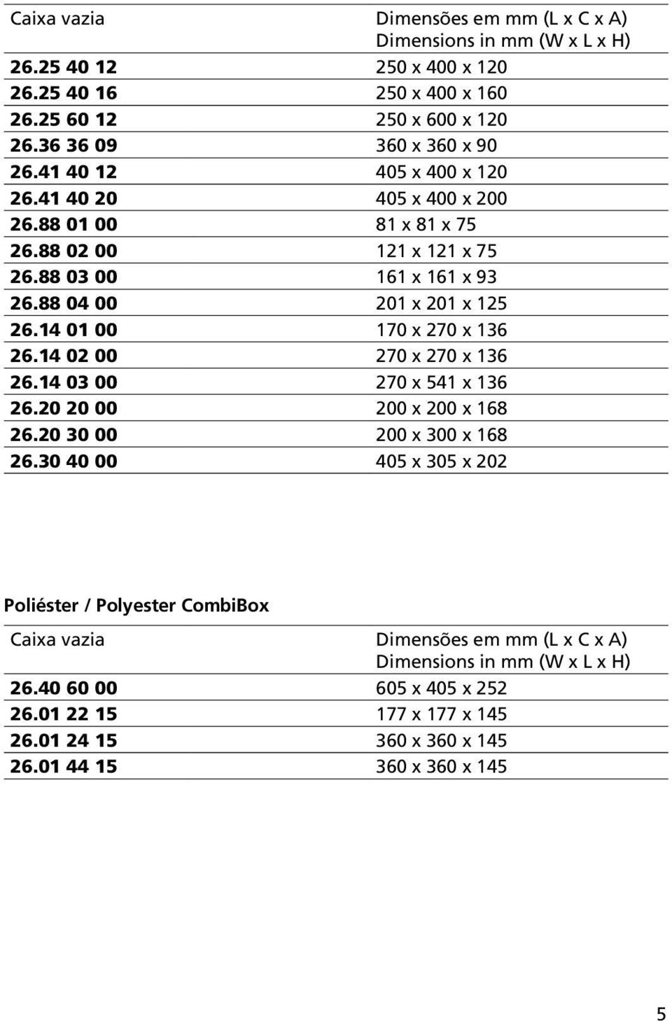 88 04 00 201 x 201 x 125 26.14 01 00 170 x 270 x 136 26.14 02 00 270 x 270 x 136 26.14 03 00 270 x 541 x 136 26.20 20 00 200 x 200 x 168 26.20 30 00 200 x 300 x 168 26.