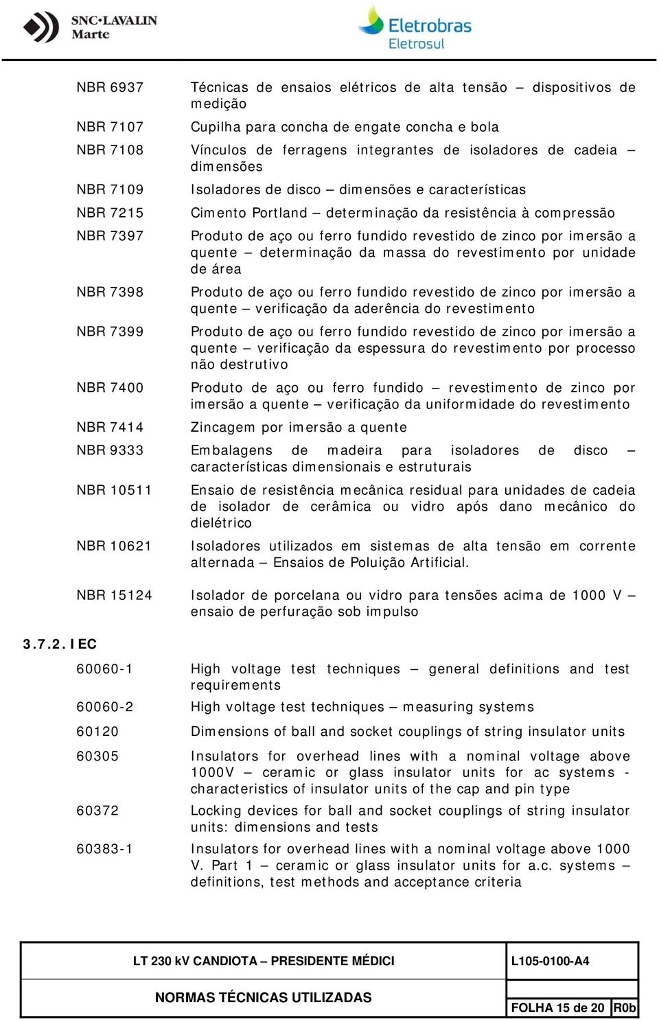 cadeia dimensões NBR 7109 Isoladores de disco dimensões e características NBR 7215 Cimento Portland determinação da resistência à compressão NBR 7397 a quente determinação da massa do revestimento