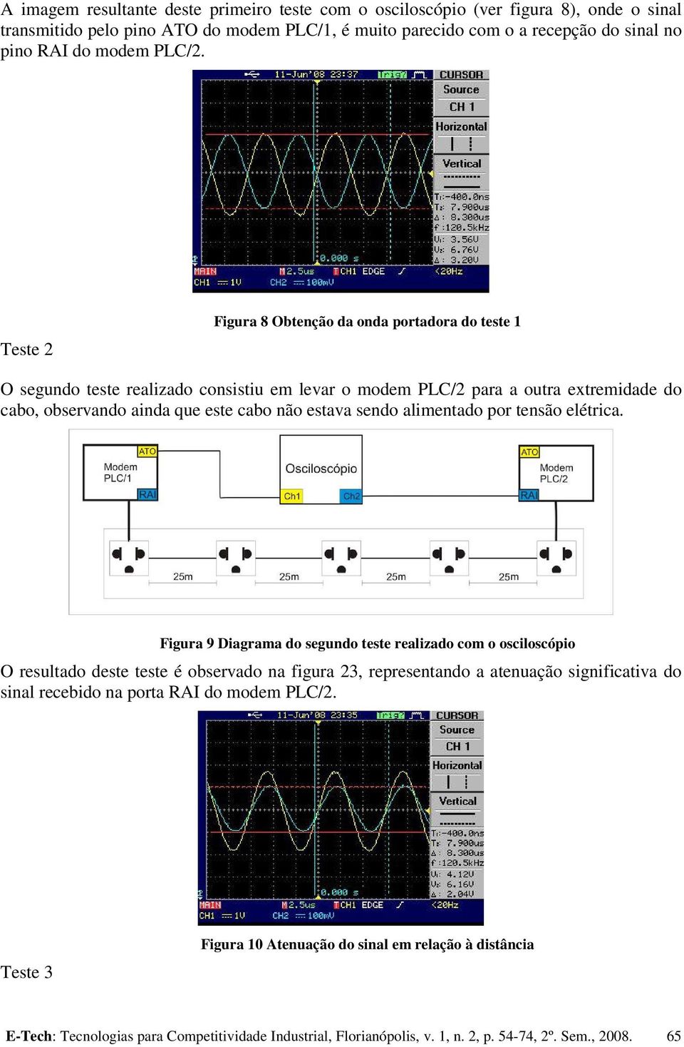 Teste 2 Figura 8 Obtenção da onda portadora do teste 1 O segundo teste realizado consistiu em levar o modem PLC/2 para a outra extremidade do cabo, observando ainda que este cabo não estava sendo