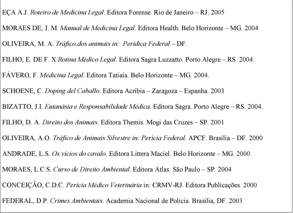 Editora Acribia Zaragoza Espanha. 2003 BIZATTO, J.I. Eutanásia e Responsabilidade Médica. Editora Sagra. Porto Alegre RS. 2004. FILHO, D. A. Direito dos Animais. Editora Themis. Mogi das Cruzes SP.