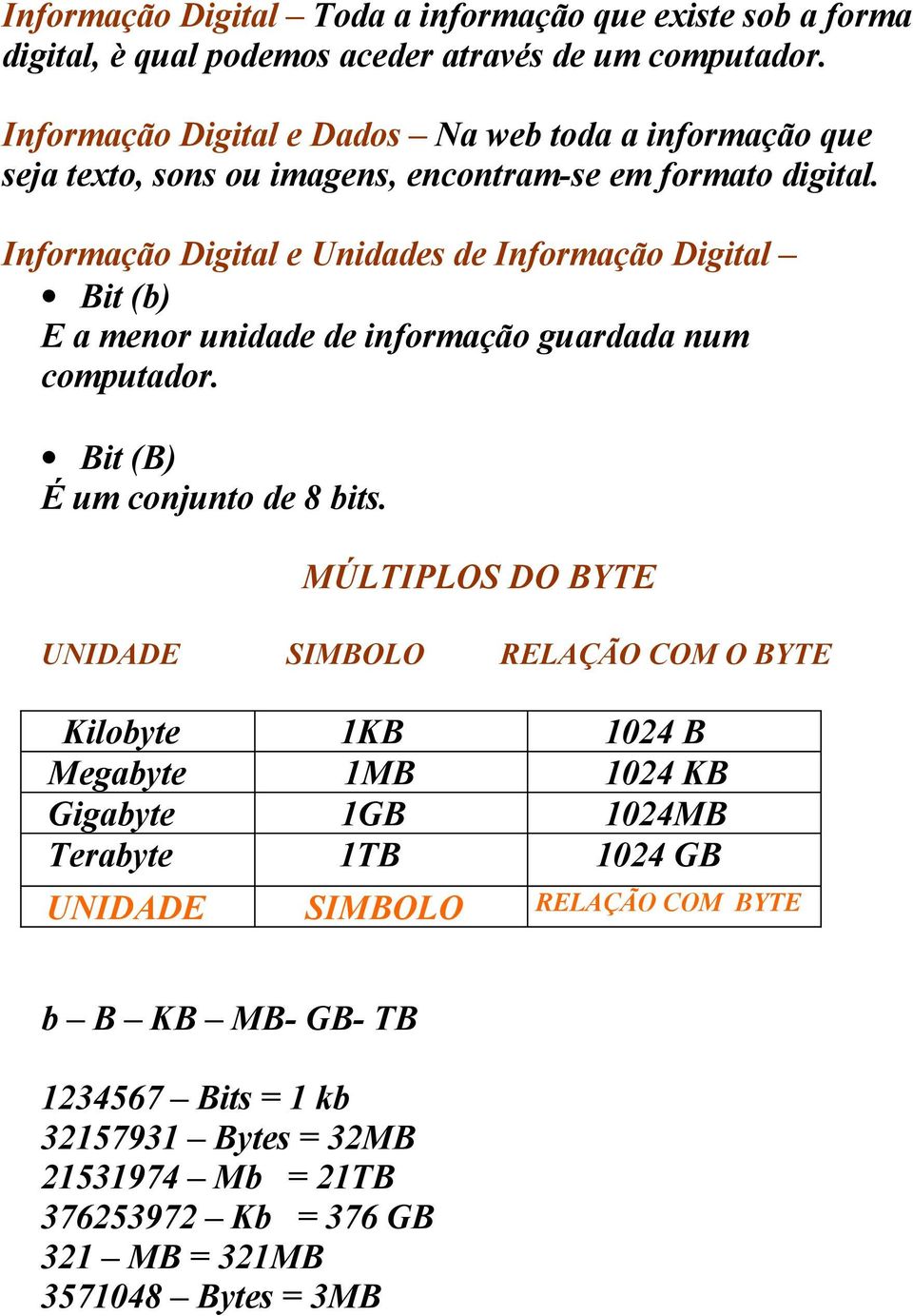 Informação Digital e Unidades de Informação Digital Bit (b) E a menor unidade de informação guardada num computador. Bit (B) É um conjunto de 8 bits.