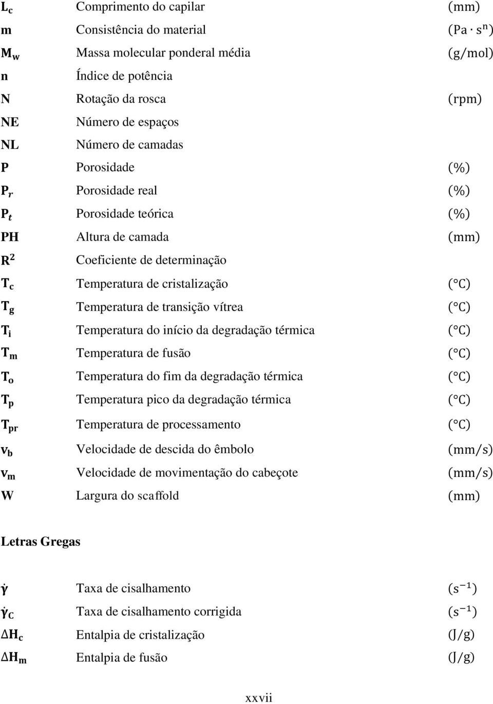 ( C) T i Temperatura do início da degradação térmica ( C) T m Temperatura de fusão ( C) T o Temperatura do fim da degradação térmica ( C) T p Temperatura pico da degradação térmica ( C) T pr