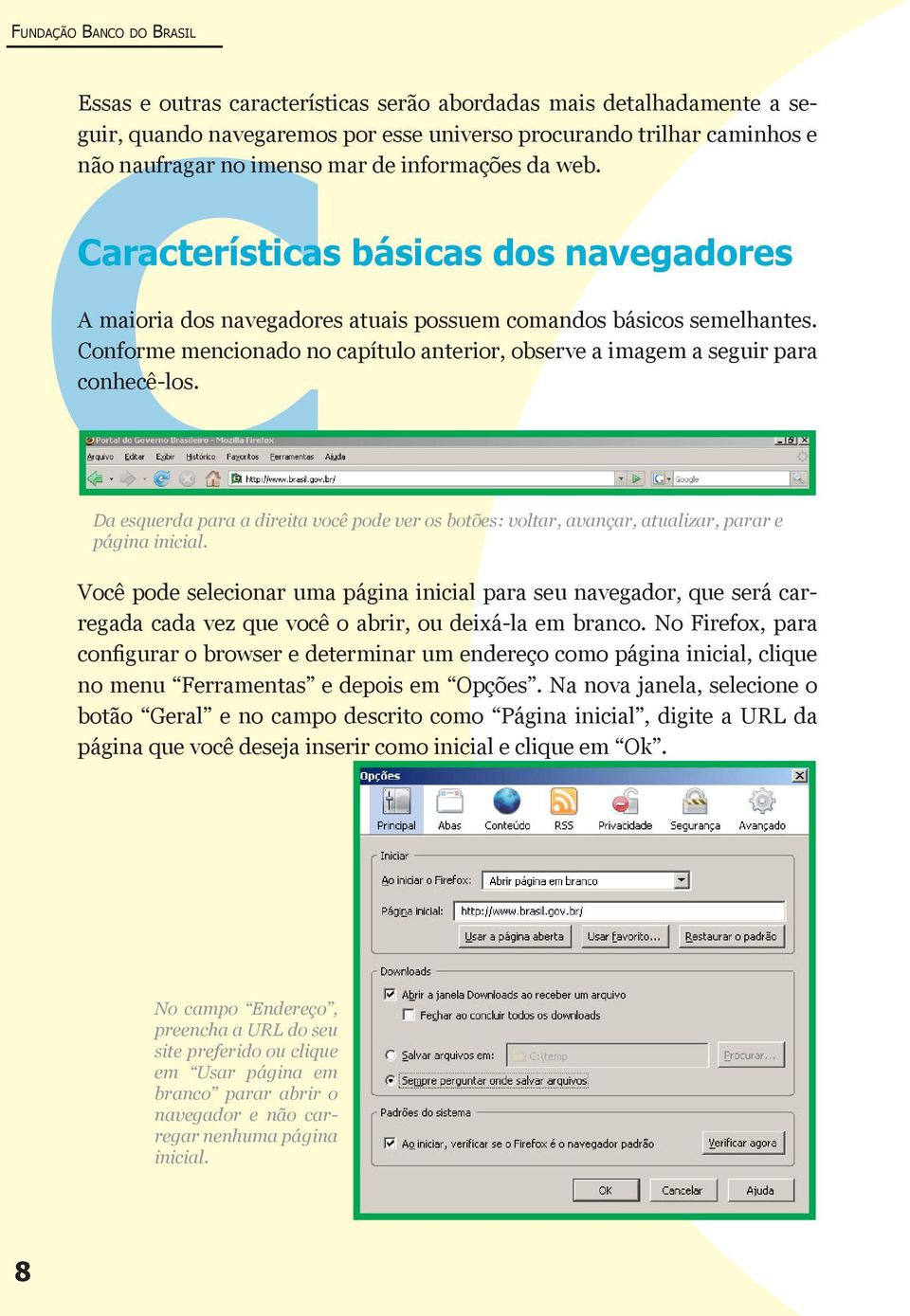 Conforme mencionado no capítulo anterior, observe a imagem a seguir para conhecê-los. Da esquerda para a direita você pode ver os botões: voltar, avançar, atualizar, parar e página inicial.