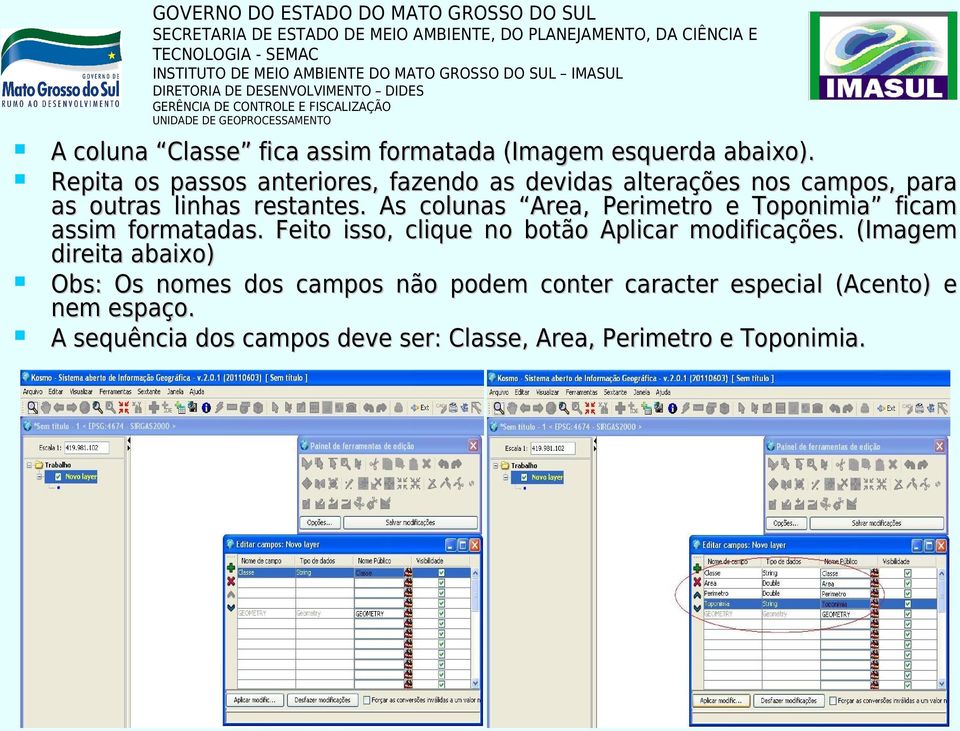 As colunas Area, Perimetro e Toponimia ficam assim formatadas. Feito isso, clique no botão Aplicar modificações.