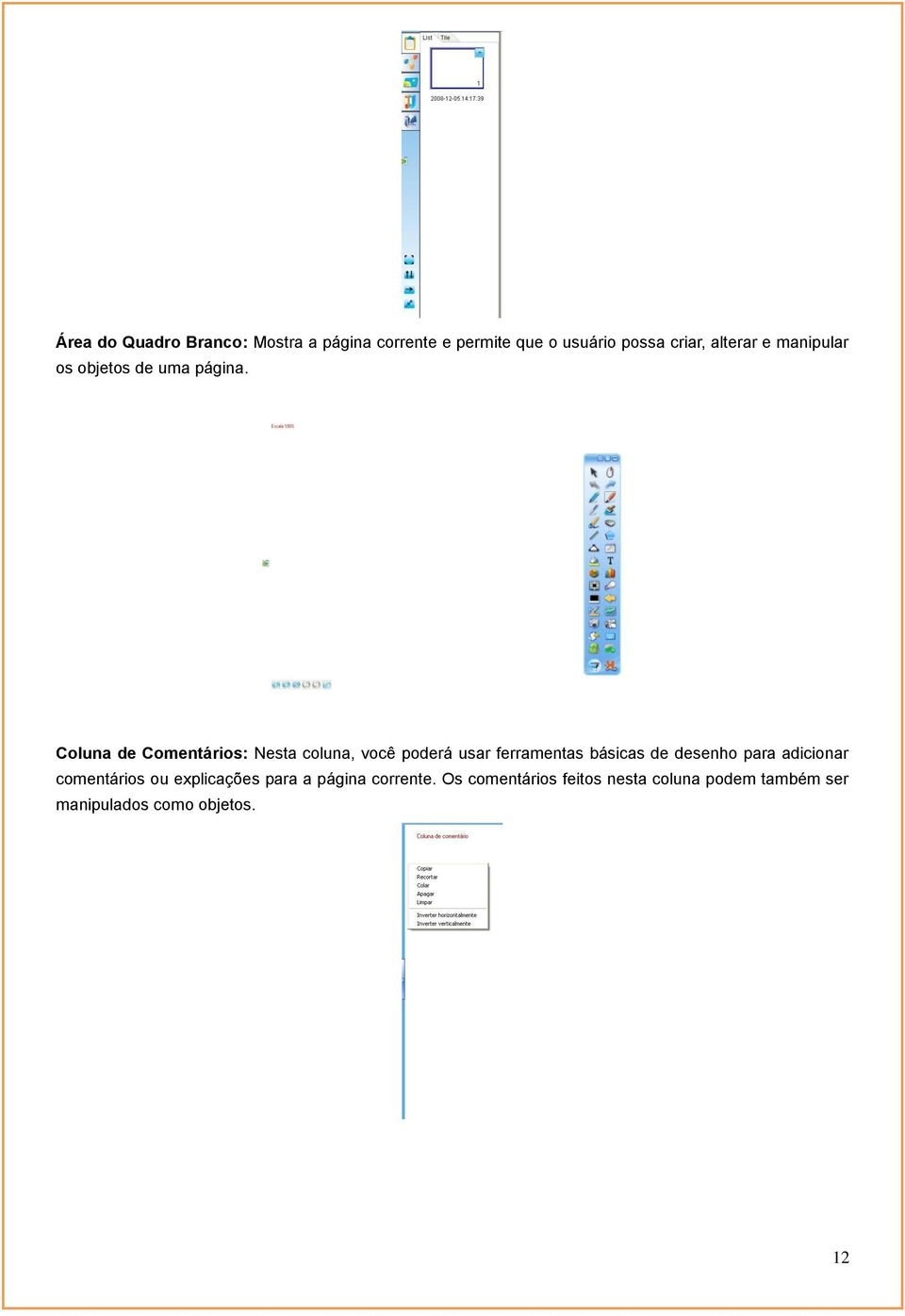 Coluna de Comentários: Nesta coluna, você poderá usar ferramentas básicas de desenho para