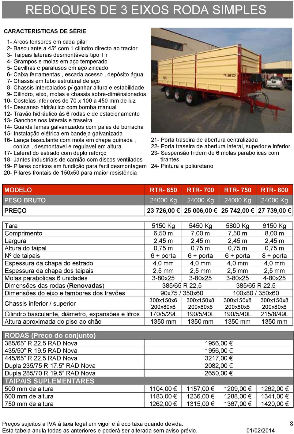 450 mm de luz 11- Descanso hidráulico com bomba manual 12- Travão hidráulico ás 6 rodas e de estacionamento 13- Ganchos nos laterais e traseira 14- Guarda lamas galvanizados com palas de borracha 15-