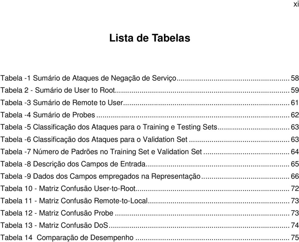 .. 63 Tabela -7 Número de Padrões no Training Set e Validation Set... 64 Tabela -8 Descrição dos Campos de Entrada... 65 Tabela -9 Dados dos Campos empregados na Representação.