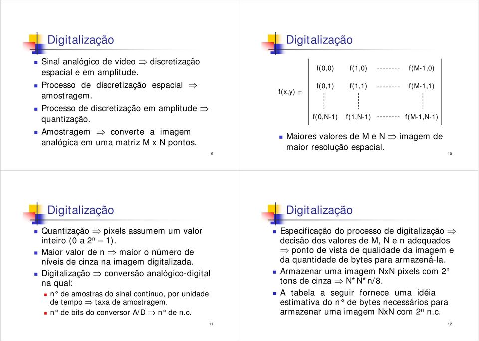 9 f(x,y) = f(0,0) f(0,1) f(0,n-1) f(1,0) f(1,1) f(1,n-1) f(m-1,0) f(m-1,1) f(m-1,n-1) Maiores valores de M e N imagem de maior resolução espacial.