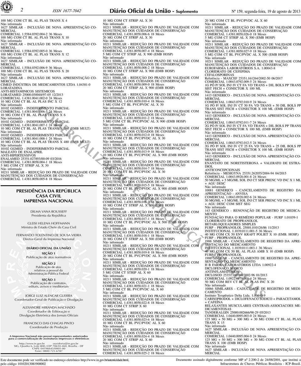 1627 SIMILAR - INCLUSÃO DE NOVA APRESENTAÇÃO CO- MERCIAL COMERCIAL 155840392006-9 36 Meses 100 MG COM CT BL AL PLAS TRANS X 20 Não informado 1627 SIMILAR - INCLUSÃO DE NOVA APRESENTAÇÃO CO- MERCIAL