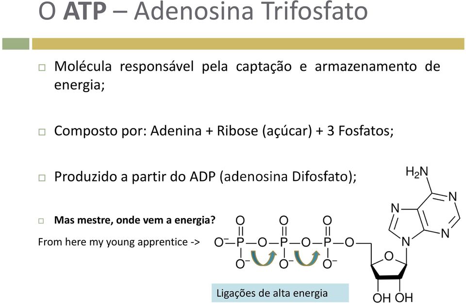 Fosfatos; Produzido a partir do ADP (adenosina Difosfato); Mas mestre,