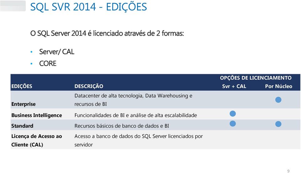 Funcionalidades de BI e análise de alta escalabilidade Recursos básicos de banco de dados e BI