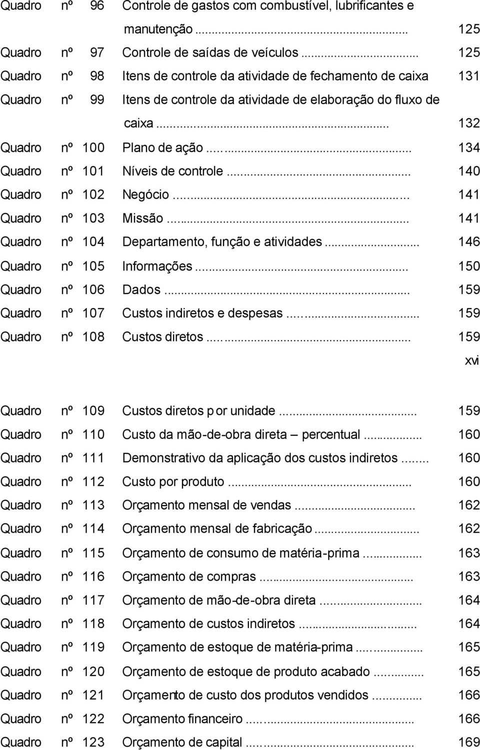 .. 134 Quadro nº 101 Níveis de controle... 140 Quadro nº 102 Negócio... 141 Quadro nº 103 Missão... 141 Quadro nº 104 Departamento, função e atividades... 146 Quadro nº 105 Informações.