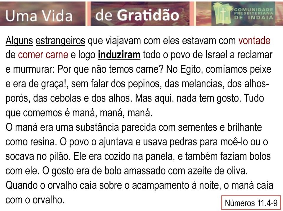 Tudo que comemos é maná, maná, maná. O maná era uma substância parecida com sementes e brilhante como resina.