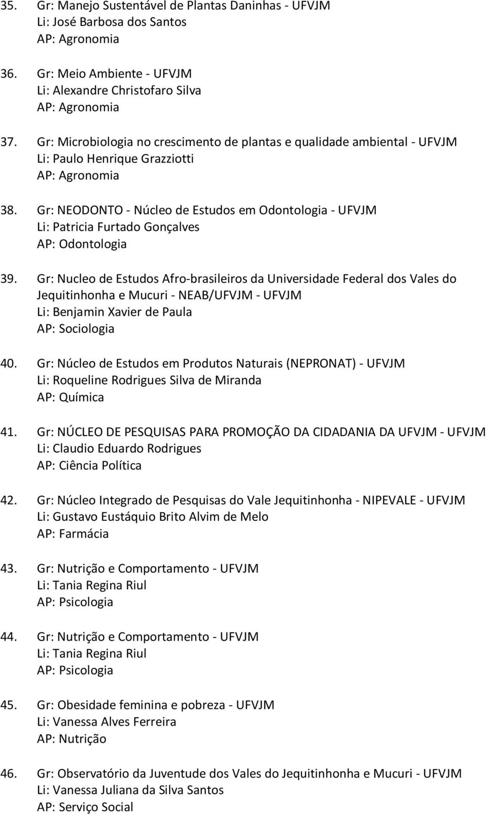 Gr: Nucleo de Estudos Afro-brasileiros da Universidade Federal dos Vales do Jequitinhonha e Mucuri - NEAB/UFVJM - UFVJM Li: Benjamin Xavier de Paula AP: Sociologia 40.