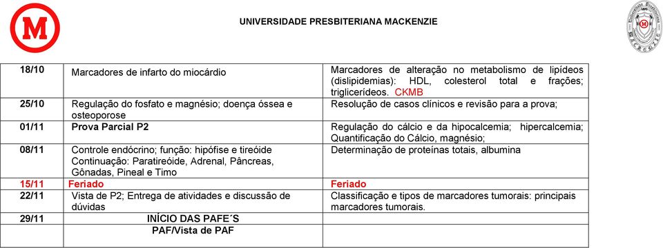 hipercalcemia; 08/11 Controle endócrino; função: hipófise e tireóide Continuação: Paratireóide, Adrenal, Pâncreas, Gônadas, Pineal e Timo 15/11 Feriado Feriado 22/11 Vista de P2; Entrega de