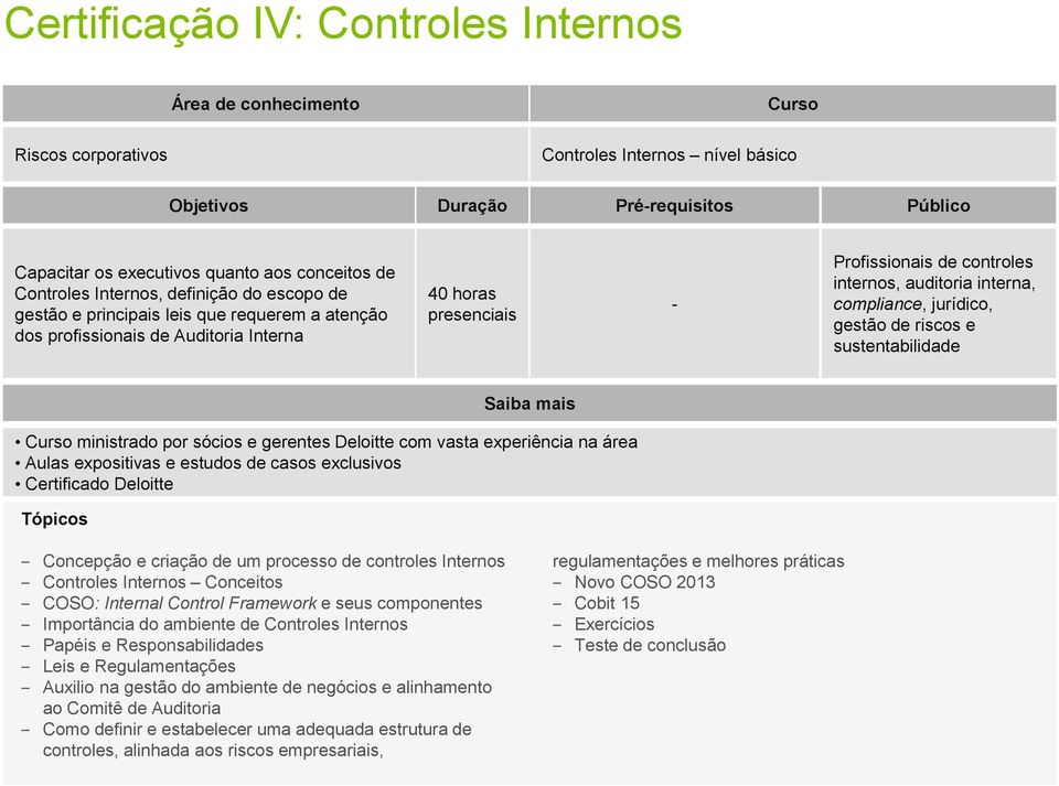 ministrado por sócios e gerentes Deloitte com vasta experiência na área Concepção e criação de um processo de controles Internos Controles Internos Conceitos COSO: Internal Control Framework e seus