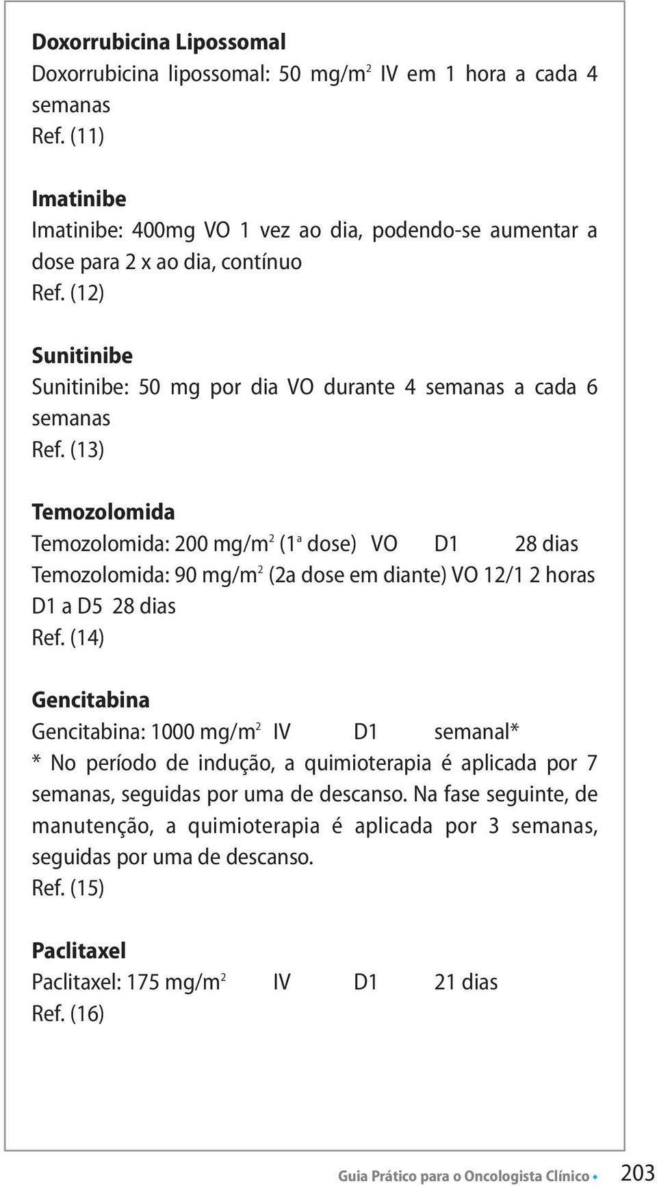 (13) Temozolomida Temozolomida: 200 mg/m 2 (1 a dose) VO D1 28 dias Temozolomida: 90 mg/m 2 (2a dose em diante) VO 12/1 2 horas D1 a D5 28 dias Ref.