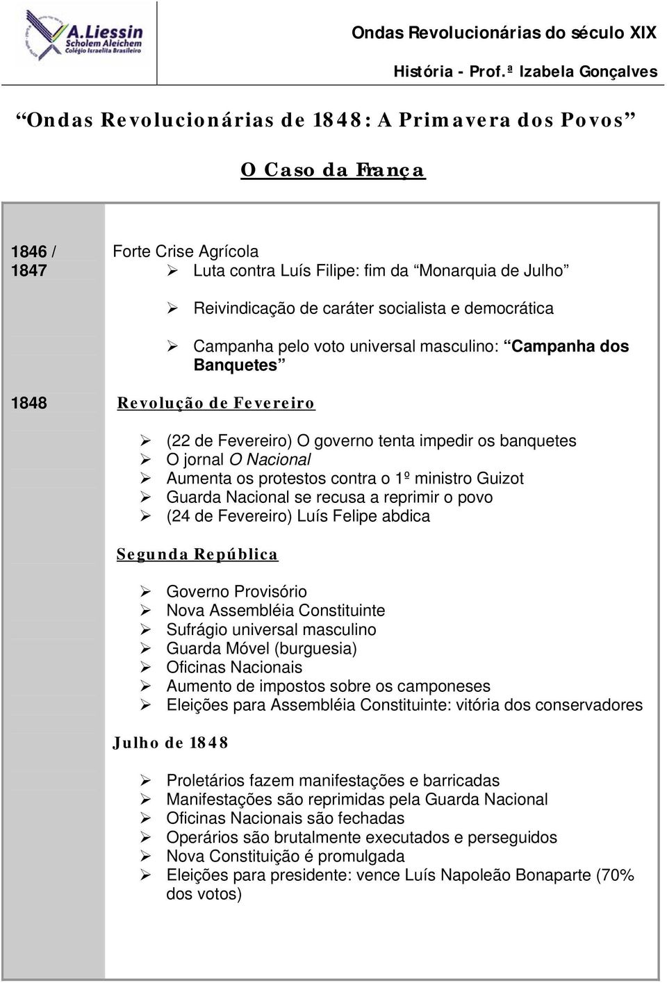 contra o 1º ministro Guizot Guarda Nacional se recusa a reprimir o povo (24 de Fevereiro) Luís Felipe abdica Segunda República Governo Provisório Nova Assembléia Constituinte Sufrágio universal