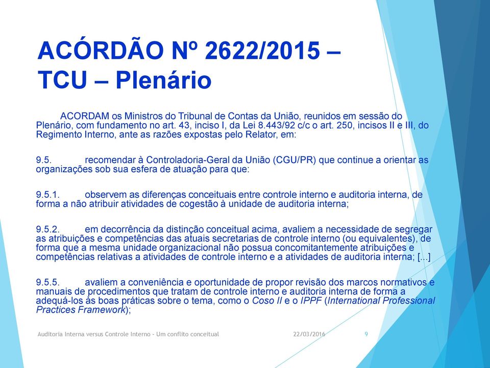 5.1. observem as diferenças conceituais entre controle interno e auditoria interna, de forma a não atribuir atividades de cogestão à unidade de auditoria interna; 9.5.2.