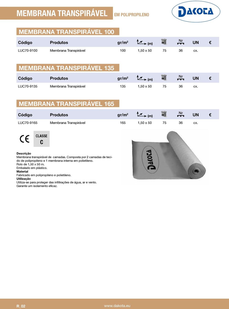 MEMBRANA TRANSPIRÁVEL 165 Código Produtos gr/m 2 (m) UN LUC70-9165 Membrana Transpirável 165 1,50 x 50 75 36 cx. CLASSE C Membrana transpirável de camadas.