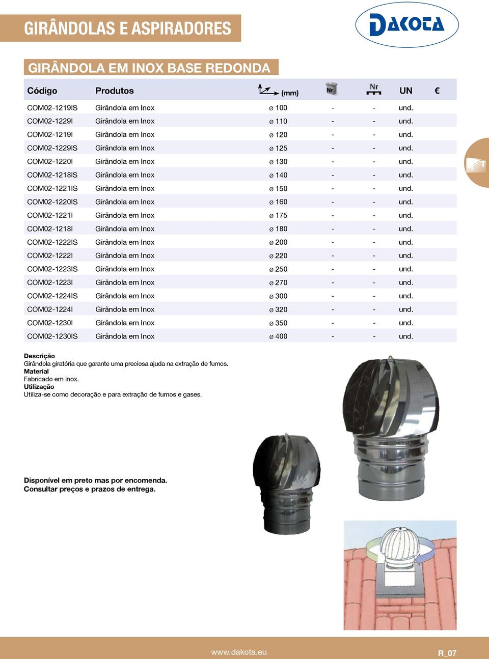 COM02-1220IS Girândola em Inox ø 160 - - und. COM02-1221I Girândola em Inox ø 175 - - und. COM02-1218I Girândola em Inox ø 180 - - und. COM02-1222IS Girândola em Inox ø 200 - - und.