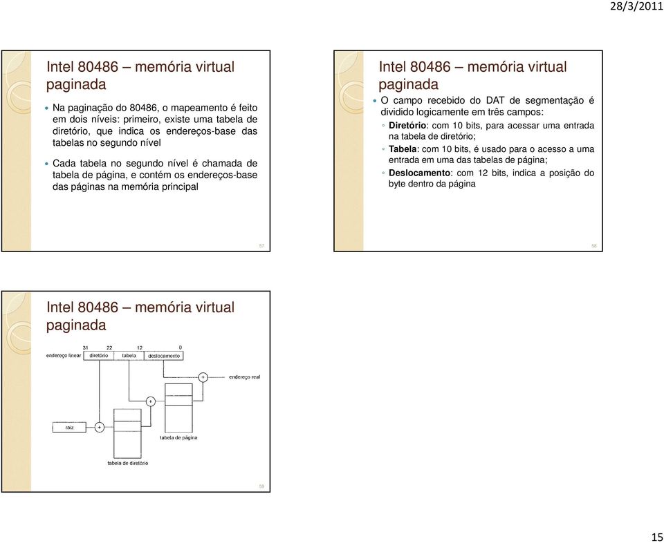 recebido do DAT de segmentação é dividido logicamente em três campos: Diretório: com 10 bits, para acessar uma entrada na tabela de diretório; Tabela: com