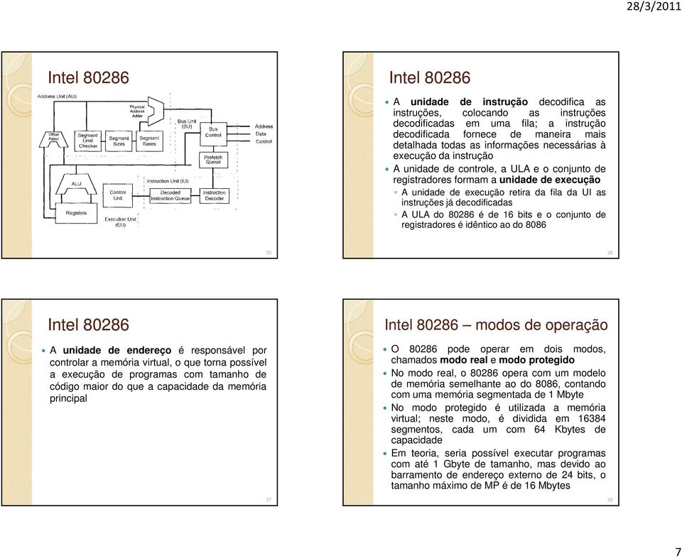 decodificadas A ULA do 80286 é de 16 bits e o conjunto de registradores é idêntico ao do 8086 25 26 Intel 80286 A unidade de endereço é responsável por controlar a memória virtual, o que torna