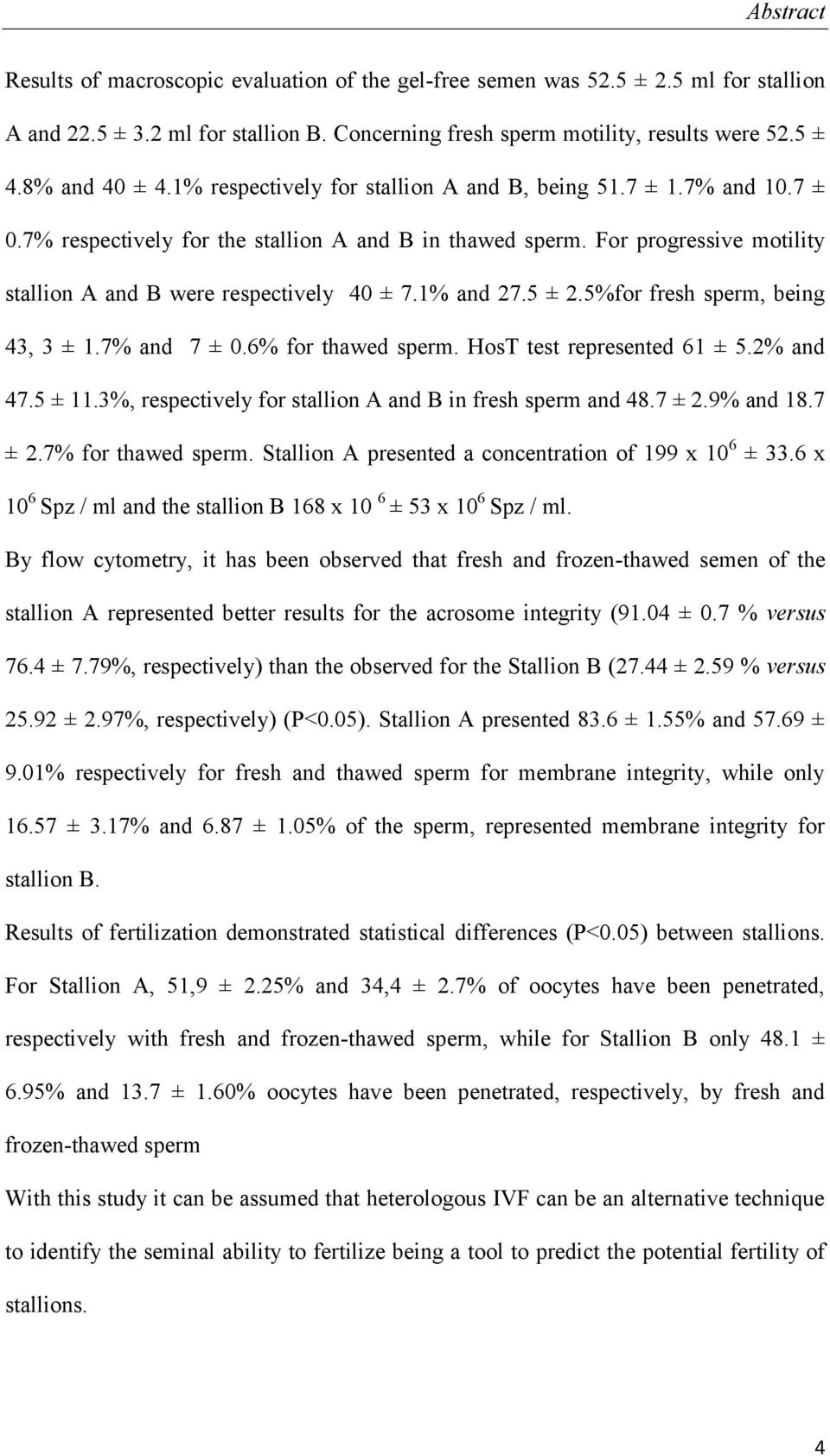 For progressive motility stallion A and B were respectively 40 ± 7.1% and 27.5 ± 2.5%for fresh sperm, being 43, 3 ± 1.7% and 7 ± 0.6% for thawed sperm. HosT test represented 61 ± 5.2% and 47.5 ± 11.