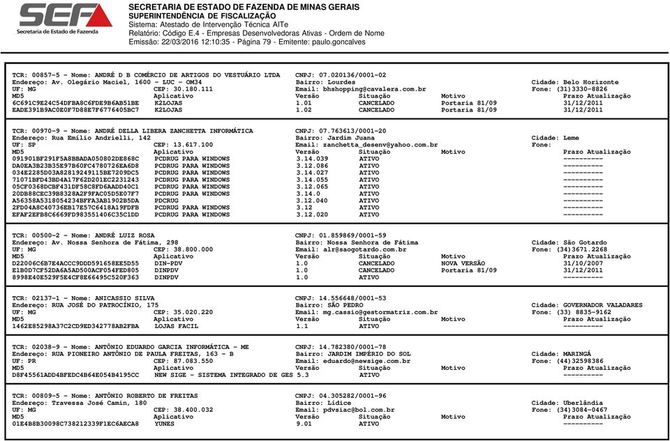 br 1 2 TCR: 00970-9 - Nome: ANDRÉ DELLA LIBERA ZANCHETTA INFORMÁTICA Endereço: Rua Emílio Andrielli, 142 CEP: 13.617.