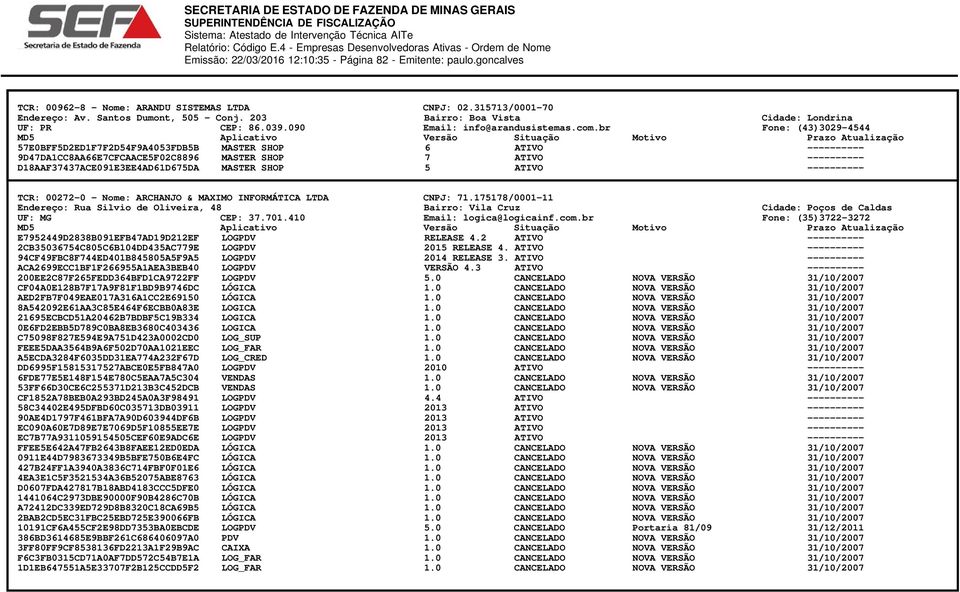 315713/0001-70 Bairro: Boa Vista Email: info@arandusistemas.com.br 6 7 5 TCR: 00272-0 - Nome: ARCHANJO & MAXIMO INFORMÁTICA LTDA Endereço: Rua Silvio de Oliveira, 48 CEP: 37.701.