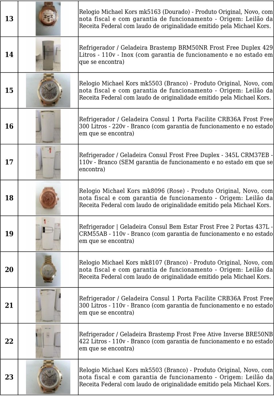 de funcionamento e no estado 17 Refrigerador / Geladeira Consul Frost Free Duplex - 345L CRM37EB - 110v - Branco (SEM garantia de funcionamento e no estado em que se 18 Relogio Michael Kors mk8096