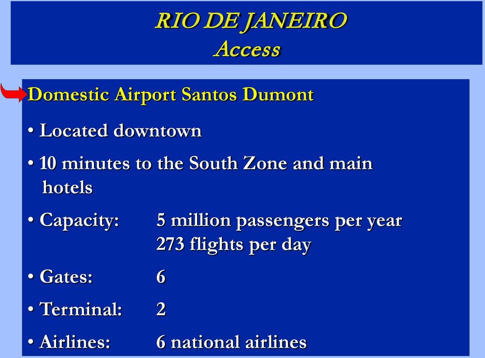 hotels Capacity: Gates: 6 Terminal: 2 Airlines: 5