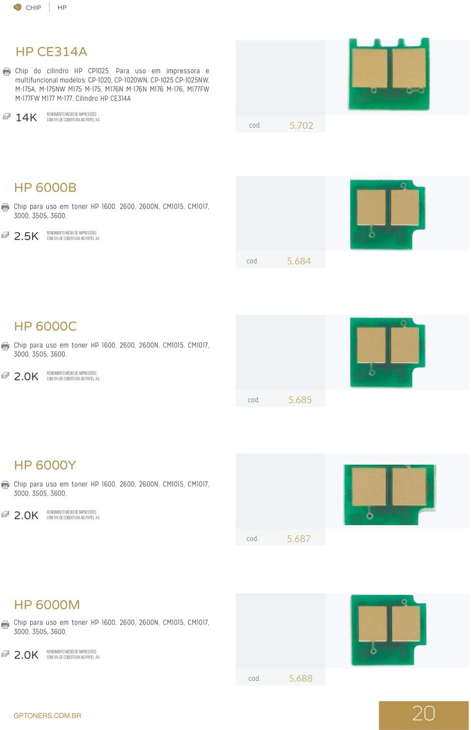 Cilindro HP CE314A 14K cod. 5.702 HP 6000B Chip para uso em toner HP 1600, 2600, 2600N, CM1015, CM1017, 3000, 3505, 3600. 2.5K cod. 5.684 HP 6000C Chip para uso em toner HP 1600, 2600, 2600N, CM1015, CM1017, 3000, 3505, 3600.