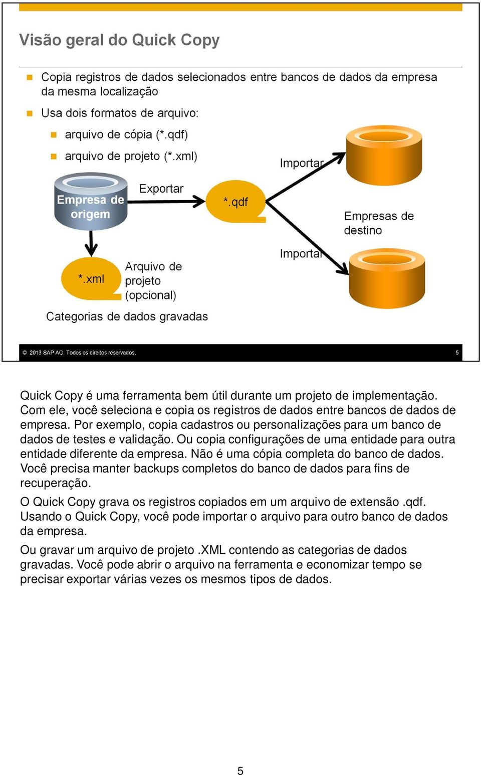 Não é uma cópia completa do banco de dados. Você precisa manter backups completos do banco de dados para fins de recuperação. O Quick Copy grava os registros copiados em um arquivo de extensão.qdf.