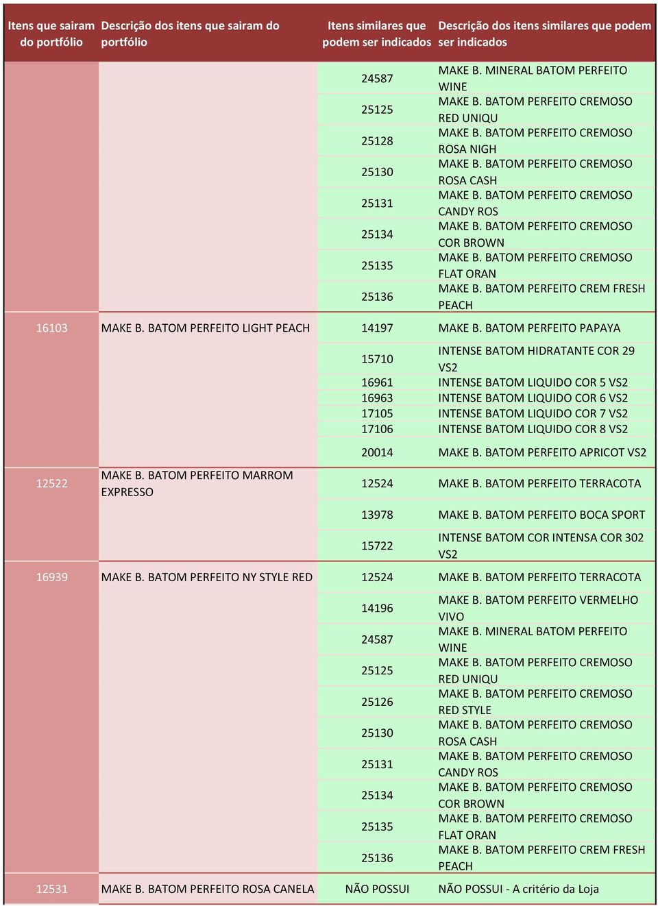 BATOM PERFEITO CREM FRESH PEACH 16103 MAKE B. BATOM PERFEITO LIGHT PEACH 14197 MAKE B. BATOM PERFEITO PAPAYA 12522 MAKE B.