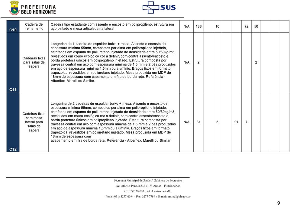 Assento e encosto de espessura mínima 55mm, compostos por alma em polipropileno injetado, estofados em espuma de poliuretano injetado de densidade entre 50/60kg/m3, revestidos em couro ecológico cor