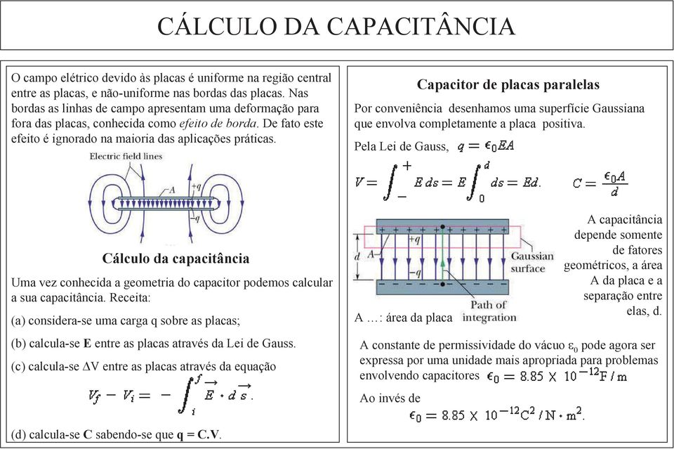 Capacitor de placas paralelas Por conveniência desenhamos uma superfície Gaussiana que envolva completamente a placa positiva.