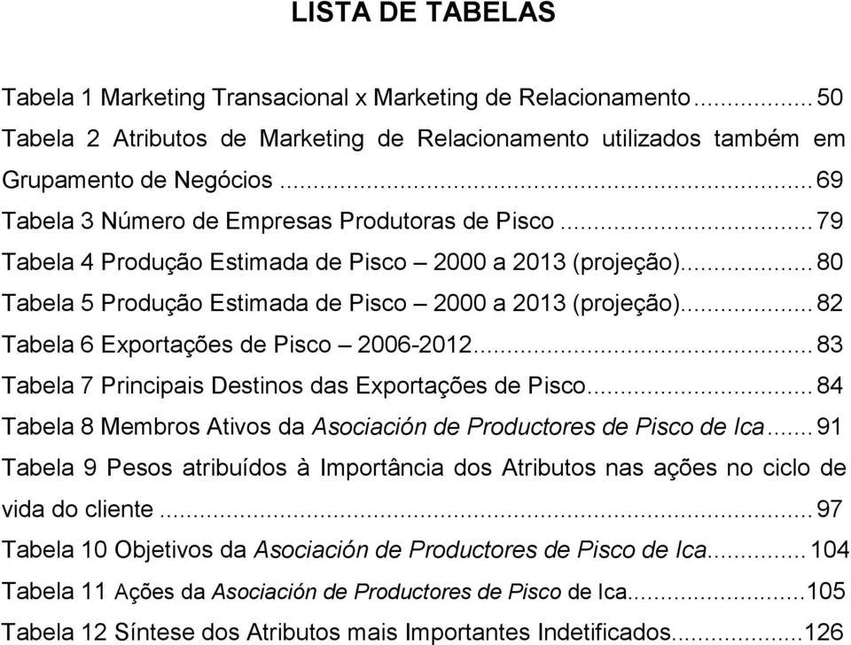 .. 82 Tabela 6 Exportações de Pisco 2006-2012... 83 Tabela 7 Principais Destinos das Exportações de Pisco... 84 Tabela 8 Membros Ativos da Asociación de Productores de Pisco de Ica.