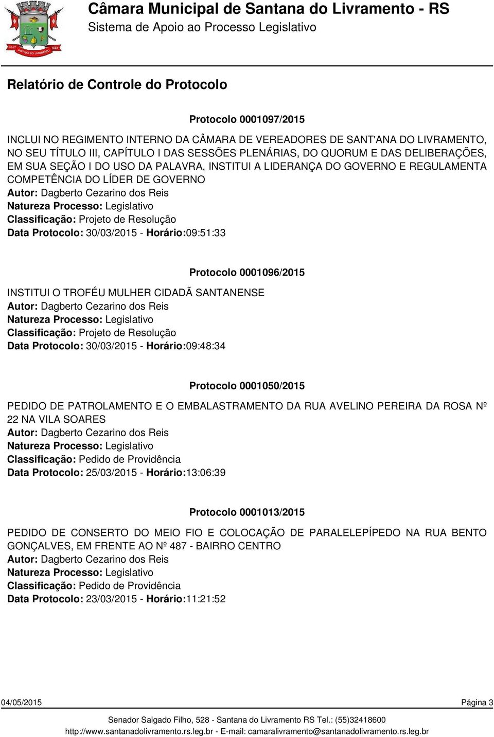 0001096/2015 INSTITUI O TROFÉU MULHER CIDADÃ SANTANENSE Classificação: Projeto de Resolução Data Protocolo: 30/03/2015 - Horário:09:48:34 Protocolo 0001050/2015 PEDIDO DE PATROLAMENTO E O