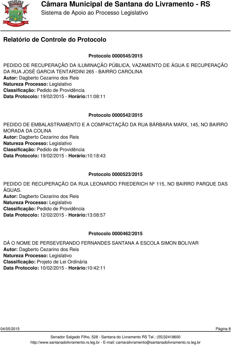 Horário:10:18:43 Protocolo 0000523/2015 PEDIDO DE RECUPERAÇÃO DA RUA LEONARDO FRIEDERICH Nº 115, NO BAIRRO PARQUE DAS ÁGUAS.