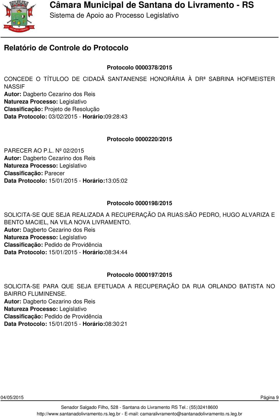 Nº 02/2015 Classificação: Parecer Data Protocolo: 15/01/2015 - Horário:13:05:02 Protocolo 0000220/2015 Protocolo 0000198/2015 SOLICITA-SE QUE SEJA REALIZADA A