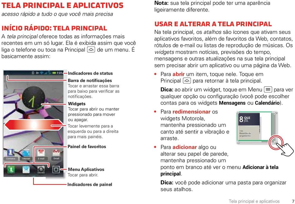 É basicamente assim: Contatos Internet E-mail Gmail 7:31 Indicadores de status Barra de notificações Tocar e arrastar essa barra para baixo para verificar as notificações.