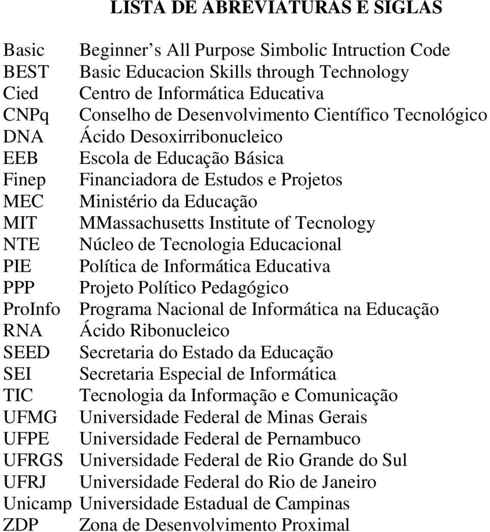 Tecnology NTE Núcleo de Tecnologia Educacional PIE Política de Informática Educativa PPP Projeto Político Pedagógico ProInfo Programa Nacional de Informática na Educação RNA Ácido Ribonucleico SEED