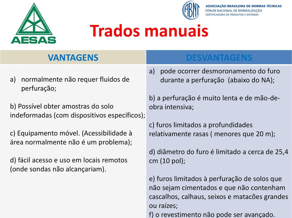 DESVANTAGENS a) pode ocorrer desmoronamento do furo durante a perfuração (abaixo do NA); b) a perfuração é muito lenta e de mão-deobra intensiva; c) furos limitados a profundidades