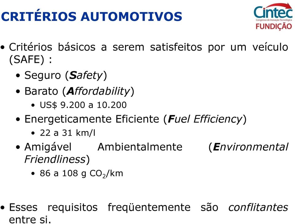 200 Energeticamente Eficiente (Fuel Efficiency) 22 a 31 km/l Amigável