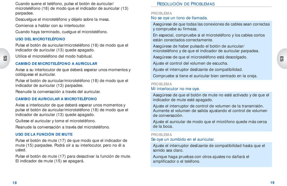 USO DEL MICROTELÉFONO Pulse el botón de auricular/microteléfono (18) de modo que el indicador de auricular (13) quede apagado. Utilice el microteléfono del modo habitual.